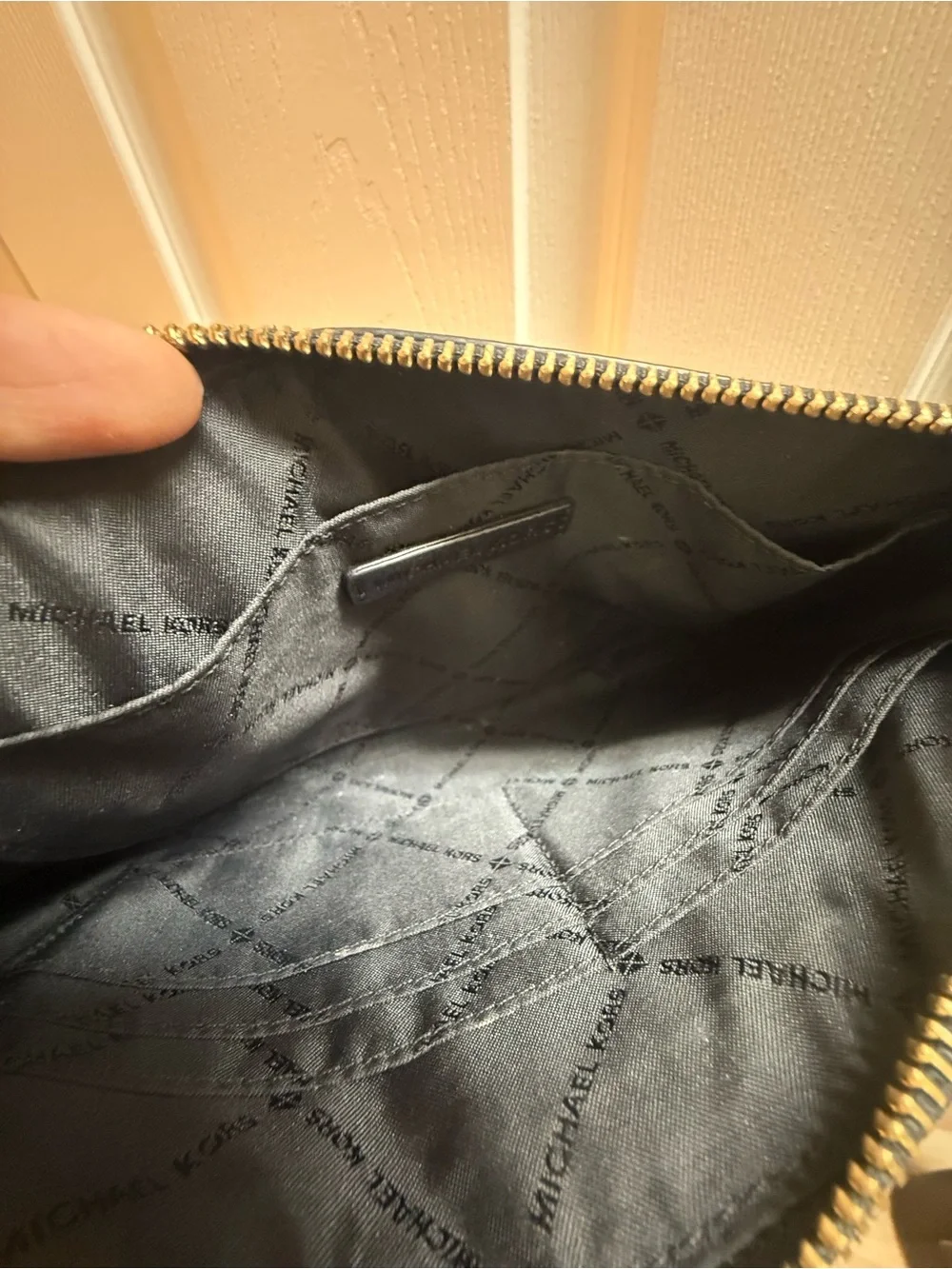 Michael Kors Black Leather Wristlet Pouch with Gold Logo